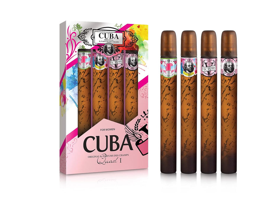 Cuba Quad I de Cuba pour femme - Coffret 4 pièces Spray EDP Cuba Heartbreak 1,17 oz, Spray EDP Cuba La Vida 1,17 oz, Spray EDP Cuba Victory 1,17 oz, Spray EDP Cuba VIP 1,17 oz