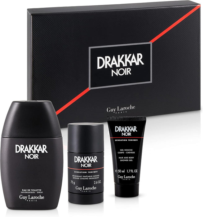 Drakkar Noir by Guy Laroche for Men - 3 Pc Gift Set 2021 - 3.4oz EDT Spray, 2.6oz Deodorant Stick, 1.7oz Shower Gel