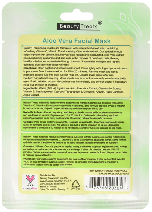 BEAUTY TREATS Mascarilla Facial Solución Refrescante de Vitamina C - Aloe Vera - Caja Expositor 24 Piezas