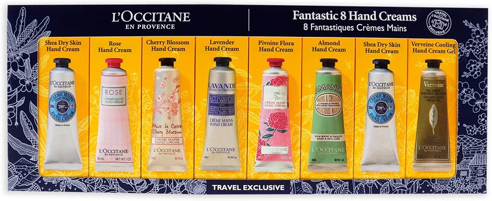 Fantástico kit de 8 cremas para manos de LOccitane para unisex: 8 x 1 oz para piel seca de karité, rosa, flor de cerezo, lavanda, flora pivoina, almendra y gel de crema refrescante para manos Verveine 