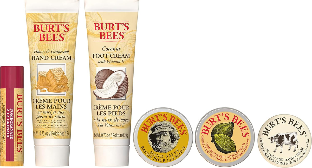 Burt's Bees Tips and Toes Gift Set, 6 Travel Size Products in Gift Box - 2 Hand Creams, Foot Cream, Cuticle Cream, Hand Salve and Lip Balm