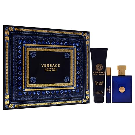 Dylan Blue de Versace pour homme - Coffret 3 pièces Spray EDT 3,4 oz, Spray EDT 0,3 oz, Gel bain et douche 5,0 oz