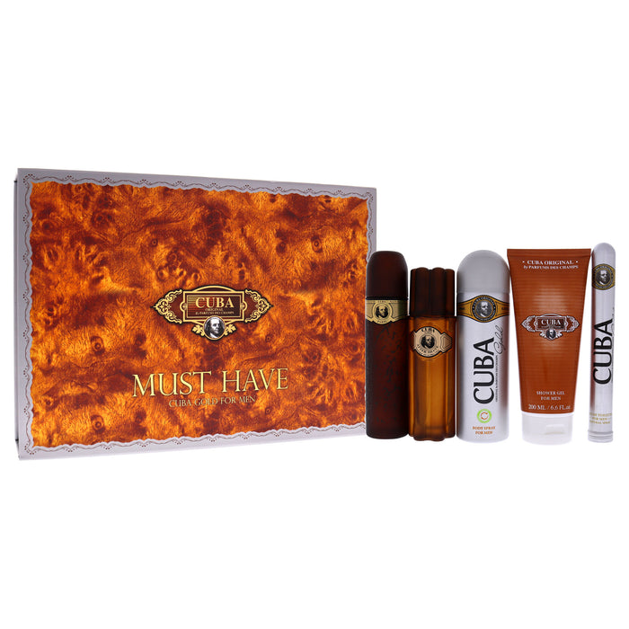 Cuba Gold Must Have by Cuba for Men - 5 Pc Gift Set 3.3oz EDT Spray, 1.17oz EDT Spray, 3.3oz After Shave, 6.7oz Body Spray, 6.7oz Shower Gel