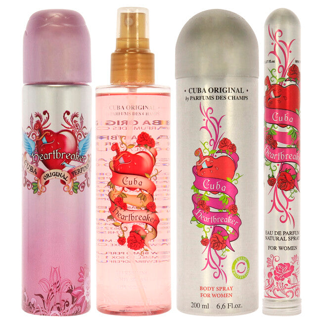 Cuba Heartbreaker by Cuba for Women - 4 Pc Gift Set 3.3oz EDP Spray, 1.7oz EDP Spray, 6.6oz Body Spray, 6.6oz Body Splash