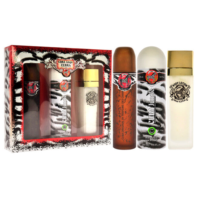 Cuba Jungle Zebra de Cuba pour femme - Coffret 3 pièces Spray EDP 3,3 oz, Spray déodorant pour le corps 6,7 oz, Lotion pour le corps 4,3 oz