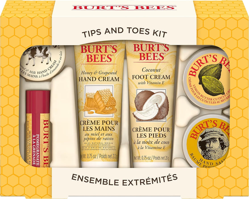 Burt's Bees Tips and Toes Gift Set, 6 Travel Size Products in Gift Box - 2 Hand Creams, Foot Cream, Cuticle Cream, Hand Salve and Lip Balm