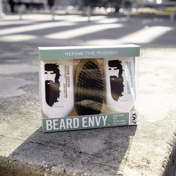 Kit Beard Envy de Billy Jealousy pour hommes - 3 pièces de nettoyant pour barbe de 3 oz, contrôle de la barbe de 3 oz, brosse 