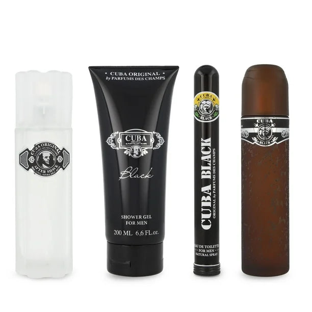 Cuba Black by Cuba for Men - 4 Pc Gift Set 3.4oz EDT Spray, 1.7oz EDT Spray, 3.3oz After Shave, 6.7oz Shower Gel