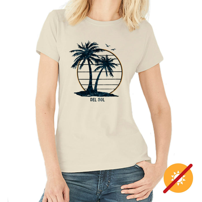 T-shirt ras du cou pour femmes - Island Palm Sunset - Beige par DelSol pour femme - T-shirt 1 pièce (Grand)