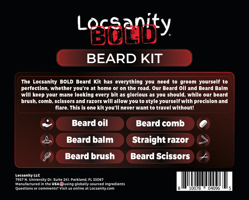 Locsanity BOLD Kit de barba, kit de crecimiento de barba, kit de cuidado de barba, aceite de crecimiento, bálsamo acondicionador, cepillo, peine, tijera para bigote, bolsa de almacenamiento, kit de cuidado y recorte de barba, regalos para hombres y él