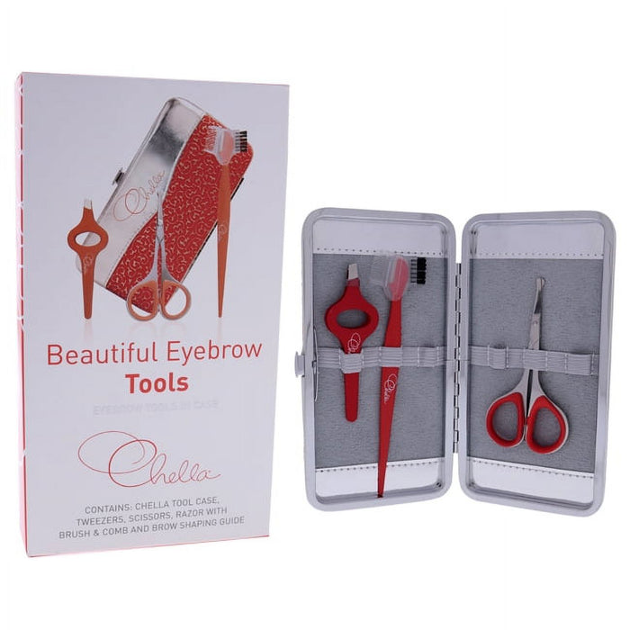 Eyebrow Tools In Case Kit by Chella for Women - 4 Pc Tweezers, Scissor, Razor with Brush and Comb, Tools In Case