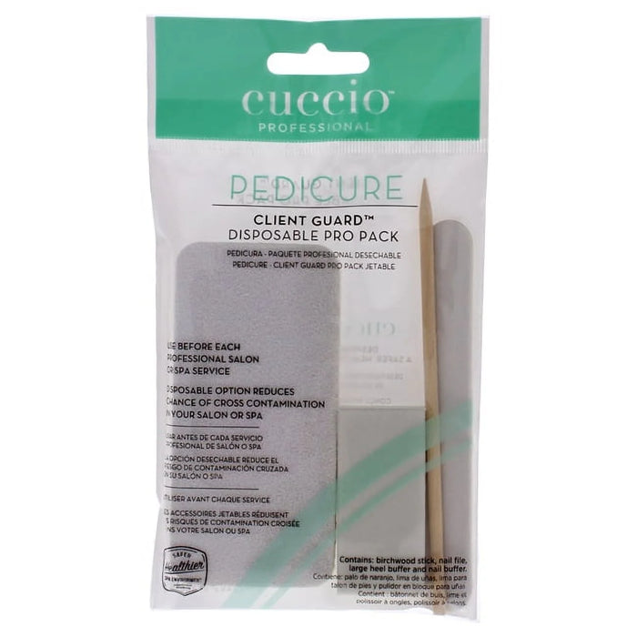 Pedicure Client Guard Disposable Pro Pack by Cuccio Pro for Women - 4 Pc Birchwood Stick, Nail File, Large Heel Buffer, Nail Buffer