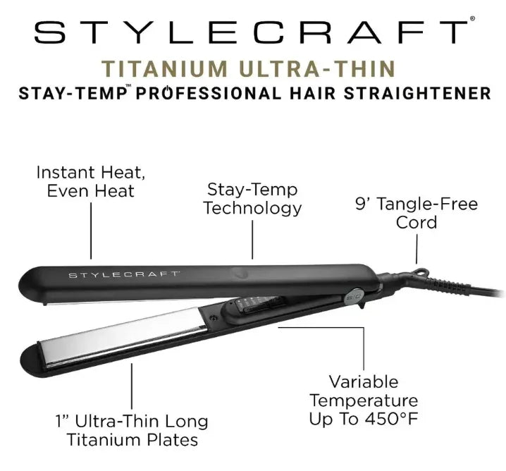 Stylecraft Stay Temp Flat Iron - Professional 1-Inch Flat Iron with Titanium Plates