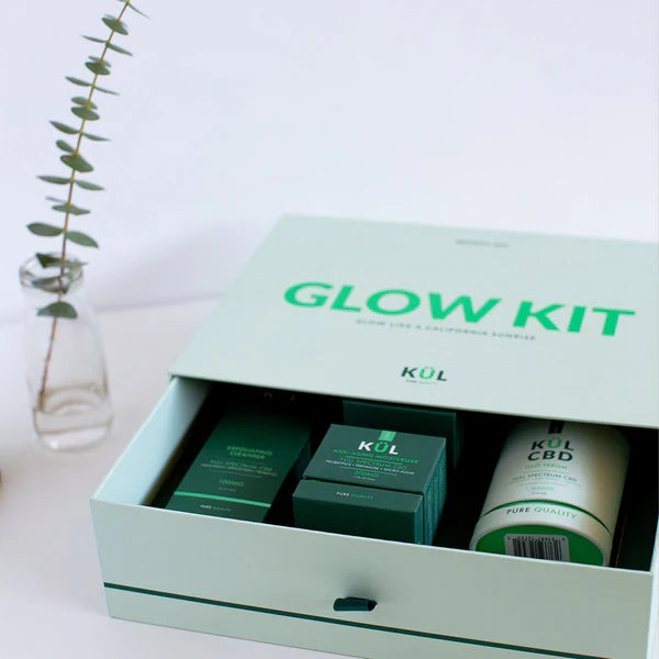 Get Glowing Kit by Kul CBD for Unisex - 4 Pc 4oz Exfoliating Cleanser, 1.7oz Anti-Aging Moisturizer, 1.7oz Night Repair Moisturizer, 1oz Glo Serum