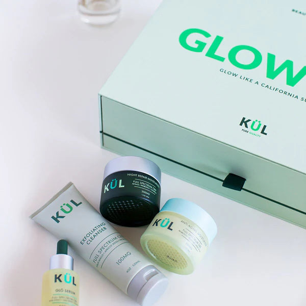 Get Glowing Kit by Kul CBD for Unisex - 4 Pc 4oz Exfoliating Cleanser, 1.7oz Anti-Aging Moisturizer, 1.7oz Night Repair Moisturizer, 1oz Glo Serum