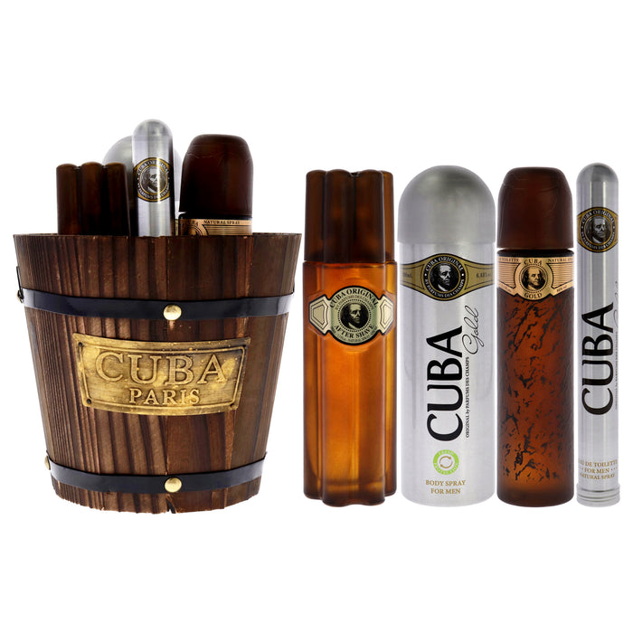 Cuba Gold by Cuba for Men - 4 Pc Gift Set 3.3oz EDT Spray, 1.17oz EDT Spray, 6.6oz Deodorant Spray, 3.3oz After Shave, Buckett