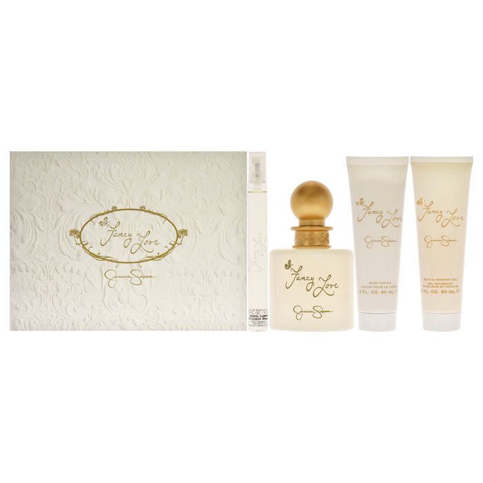 Fancy Love by Jessica Simpson for Women - 4 Pc Gift Set 3.4oz EDP Spray, 0.34oz EDP Mini Spray, 3oz Body Lotion, 3oz Bath and Shower Gel