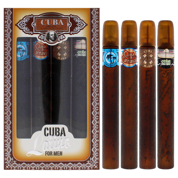 Cuba Latino Collection by Cuba for Men - 4 Pc Gift Set 1.17oz Cuba Copacabana EDT Spray, 1.17oz Cuba Maya EDT Spray, 1.17oz Cuba Carnaval EDT Spray, 1.17oz Cuba Cactus EDT Spray