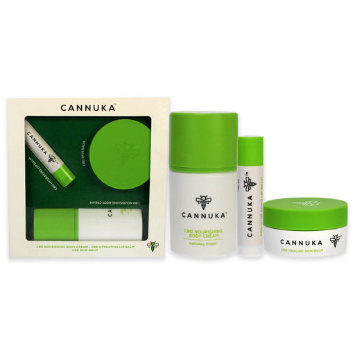 Cannuka Travel Minis by Cannuka for Unisex - 3 Pc 0.44oz CBD Skin Balm, 1.6oz CBD Nourishing Body Cream, 0.15oz CBD Hydrating Lip Balm