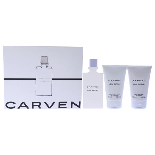 LEau Intense by Carven for Women - 3 Pc Gift Set 3.33oz EDT Spray, 3.33oz After Shave Balm, 3.33oz Bath and Shower Gel