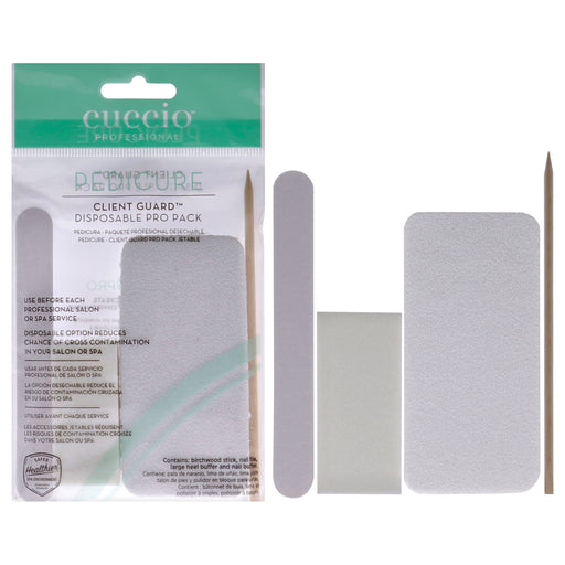 Pedicure Client Guard Disposable Pro Pack by Cuccio Pro for Women - 4 Pc Birchwood Stick, Nail File, Large Heel Buffer, Nail Buffer