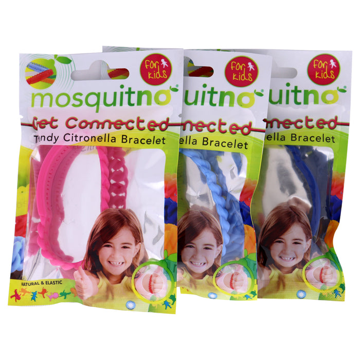 Get Connected Citronella Bracelet Set by Mosquitno for Kids - 3 Pc Bracelet Light Blue, Pink, Blue