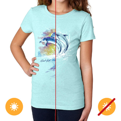 Junior Crew Tee - Watercolor Dolphins-Ice Blue by DelSol for Women - 1 Pc T-Shirt (Small)