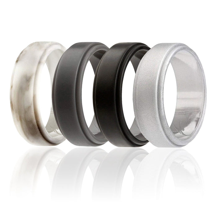 Silicone Wedding Ring - Step Edge Style Set by ROQ for Men - 4 x7 mm Marble, Black, Grey, Silver