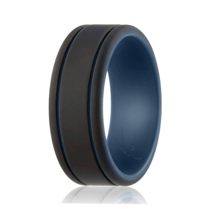 Silicone Wedding Ring - Duo Collection 2 Thin Lines - Blue-Black by ROQ for Men - 7 mm Ring