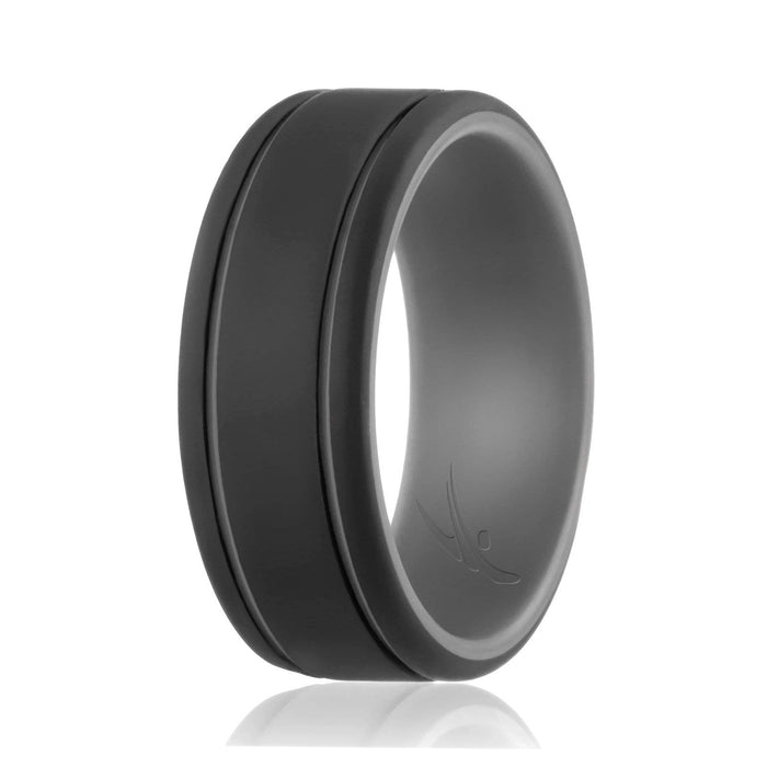 Silicone Wedding Ring - Duo Collection 2 Thin Lines - Grey-Black by ROQ for Men - 8 mm Ring