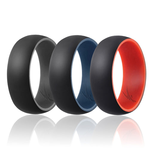 Silicone Wedding Ring - Duo Collection Dome Style Set by ROQ for Men - 3 x 7 mm Grey-Black, Blue-Black, Red-Black