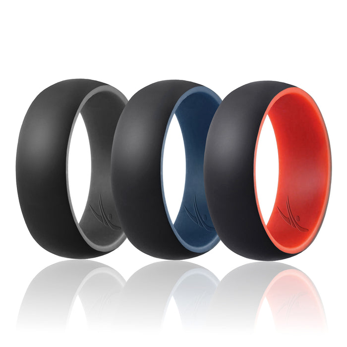 Silicone Wedding Ring - Duo Collection Dome Style Set by ROQ for Men - 3 x 11 mm Grey-Black, Blue-Black, Red-Black