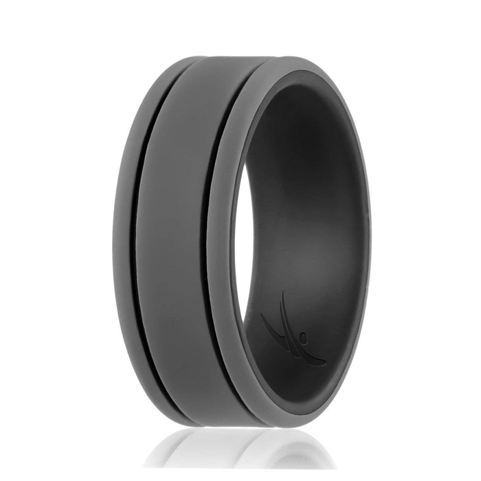 Silicone Wedding Ring - Duo Collection 2 Thin Lines - Black-Grey by ROQ for Men - 7 mm Ring
