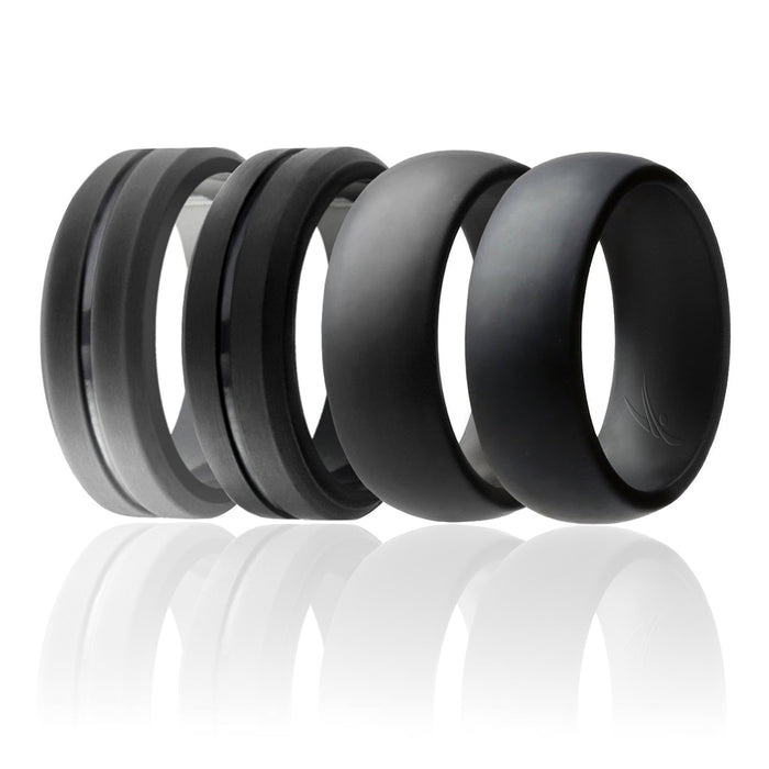 Silicone Wedding Ring - Engraved Middle Line and Dome Style Set by ROQ for Men - 4 x 7 mm 2-Black, 2-Grey