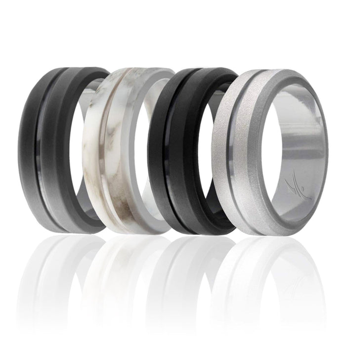 Silicone Wedding Ring - Engraved Middle Line Set by ROQ for Men - 4 x 15 mm Marble, Black, Grey, Silver