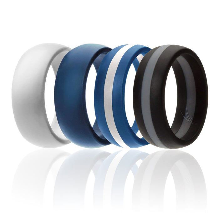 Silicone Wedding Ring - Dome Style with Middle Line Set by ROQ for Men - 4 x 12 mm White, Blue, Blue with White Line, Black with Grey Line