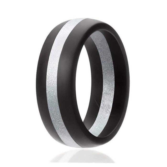 Silicone Wedding Ring - Dome Style with Middle Line - Black-Silver by ROQ for Men - 11 mm Ring