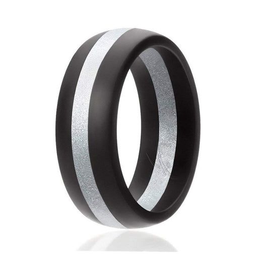 Silicone Wedding Ring - Dome Style with Middle Line - Black-Silver by ROQ for Men - 14 mm Ring