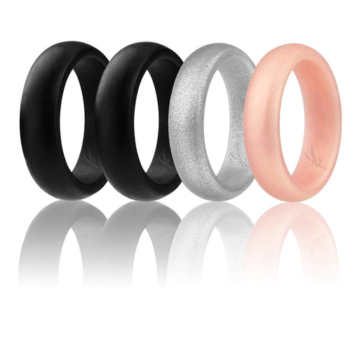 Silicone Wedding Ring - Dome Style Set by ROQ for Women - 4 x 9 mm Rose Gold, Black, Silver
