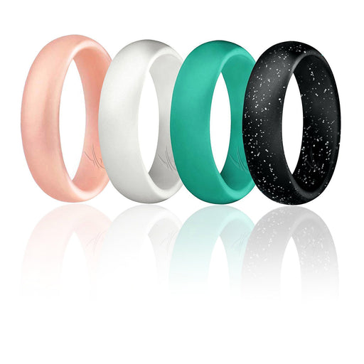 Silicone Wedding Ring - Dome Style Set by ROQ for Women - 4 x 5 mm Turquoise, Rose Gold, White, Black with Glitter Silver