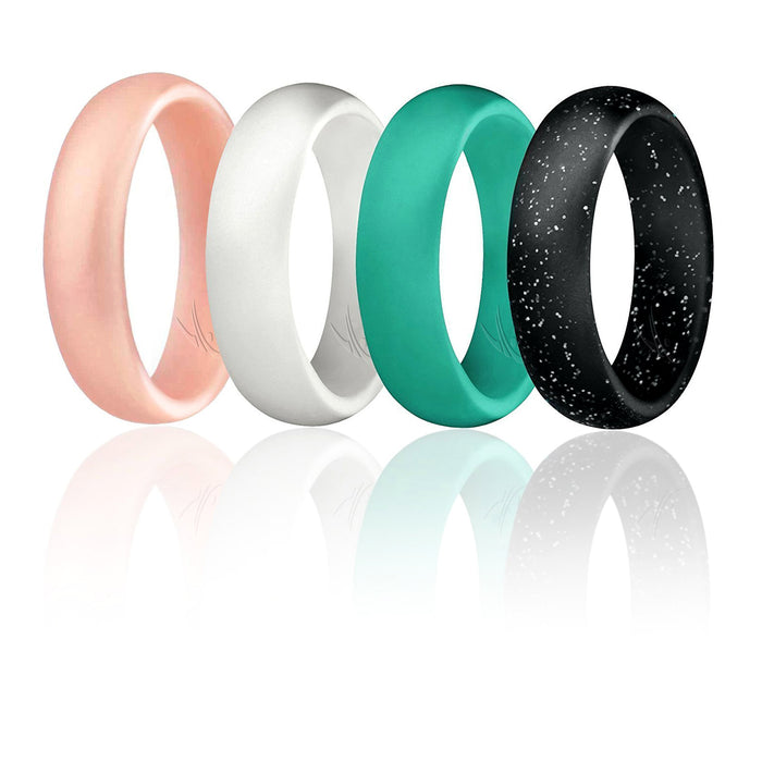 Silicone Wedding Ring - Dome Style Set by ROQ for Women - 4 x 7 mm Turquoise, Rose Gold, White, Black with Glitter Silver