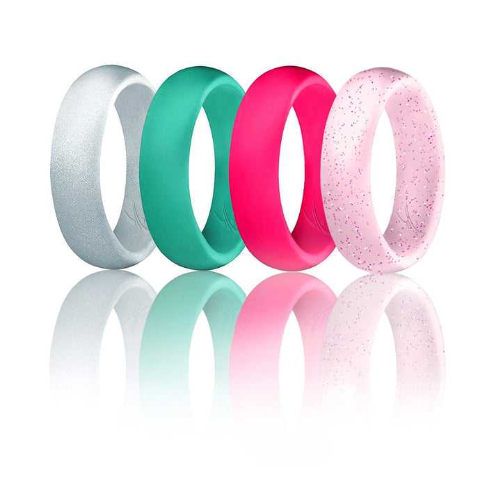 Silicone Wedding Ring - Dome Style Set by ROQ for Women - 4 x 5 mm Pink, Turquoise, White with Pink Glitter, Silver