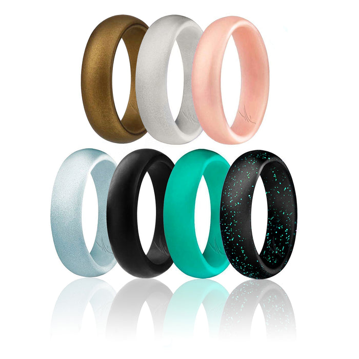 Silicone Wedding Ring - Dome Style Set by ROQ for Women - 7 x 9 mm Bronze, Ivory White, Rose Gold, Silver, Black, Turquoise, Black with Glitter Turquoise
