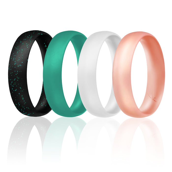 Silicone Wedding Ring - Dome Style Thin Comfort Fit Set by ROQ for Women - 4 mm Turquoise, Black with Glitter Turquoise, White, Rose Gold
