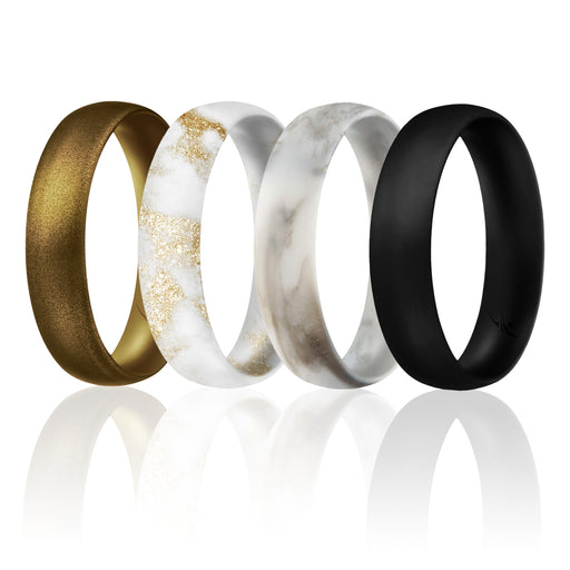 Silicone Wedding Ring - Dome Style Thin Comfort Fit Set by ROQ for Women - 9 mm Marble White with Black, Marble White with Metal Bronze, Black, Metal Bronze