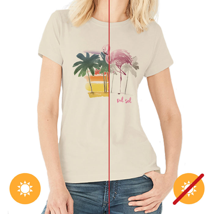 Women Crew Tee - Watercolor Flamingo - Beige by DelSol for Women - 1 Pc T-Shirt (Medium)