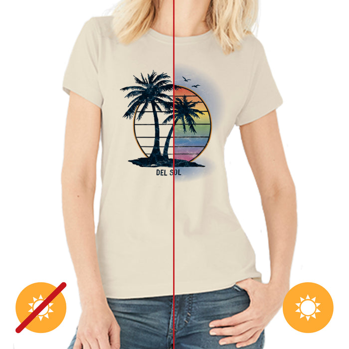 Women Crew Tee - Island Palm Sunset - Beige by DelSol for Women - 1 Pc T-Shirt (Small)