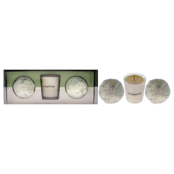 Light Candle Set - Lemongrass and Bergamot by Aromaworks for Unisex - 3 Pc 2.65oz Candle, 2 Mini AromaBomb