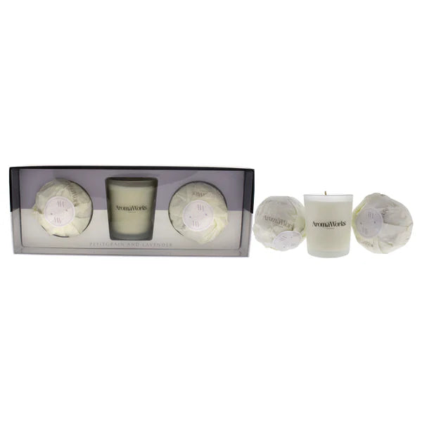 Light Candle Set - Petitgrain and Lavender by Aromaworks for Unisex - 3 Pc 2.65oz Candle, 2 Mini AromaBomb