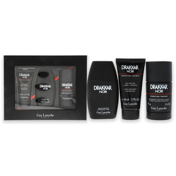 Drakkar Noir by Guy Laroche for Men - 3 Pc Gift Set 2021 - 3.4oz EDT Spray, 2.6oz Deodorant Stick, 1.7oz Shower Gel